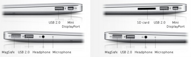 Konektory v MacBook Air 11,6" (vlevo) a 13,3" (vpravo)